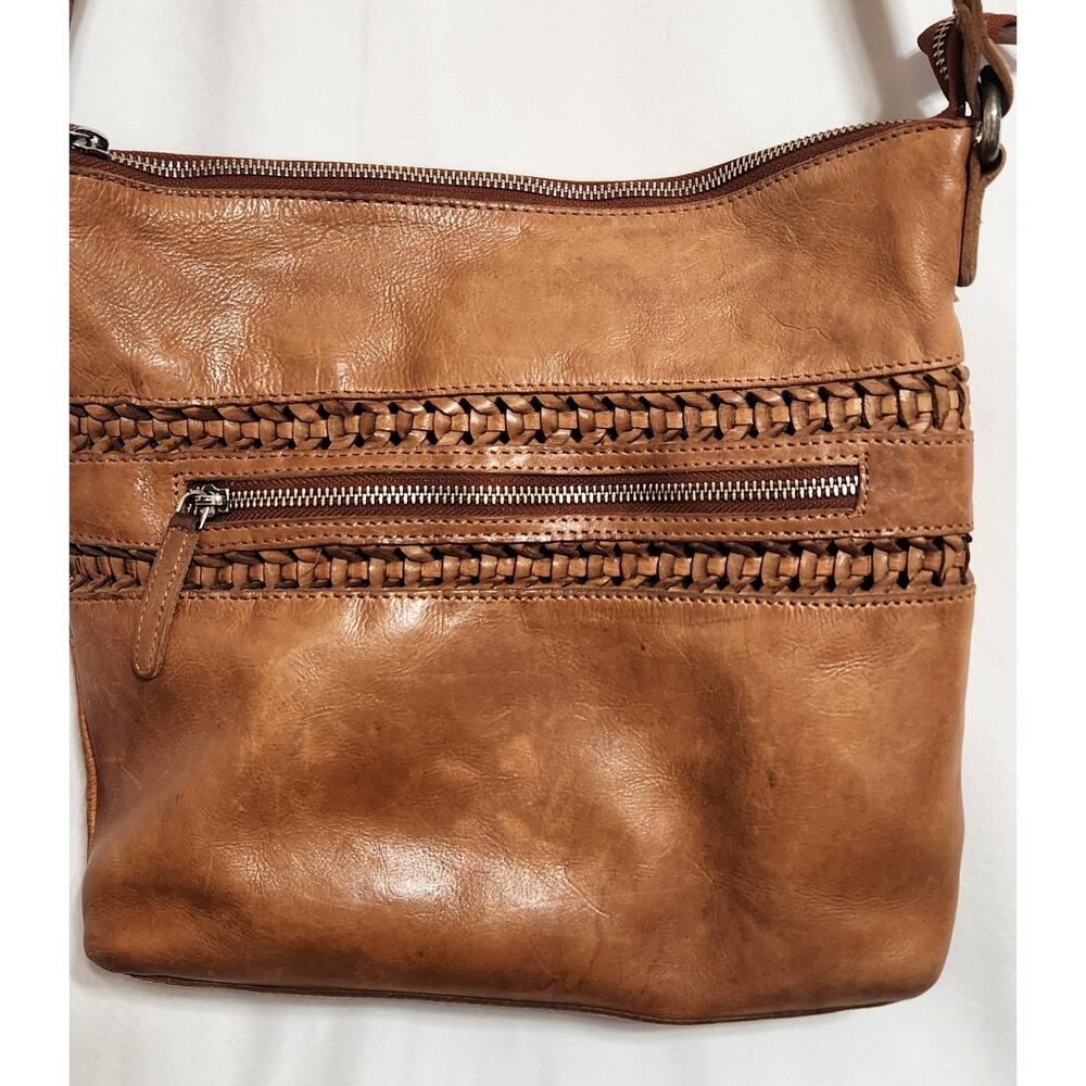Vilenca Holland Tan Brown‎ Leather Zip Crossbody Bag Shoulder Woven Accents